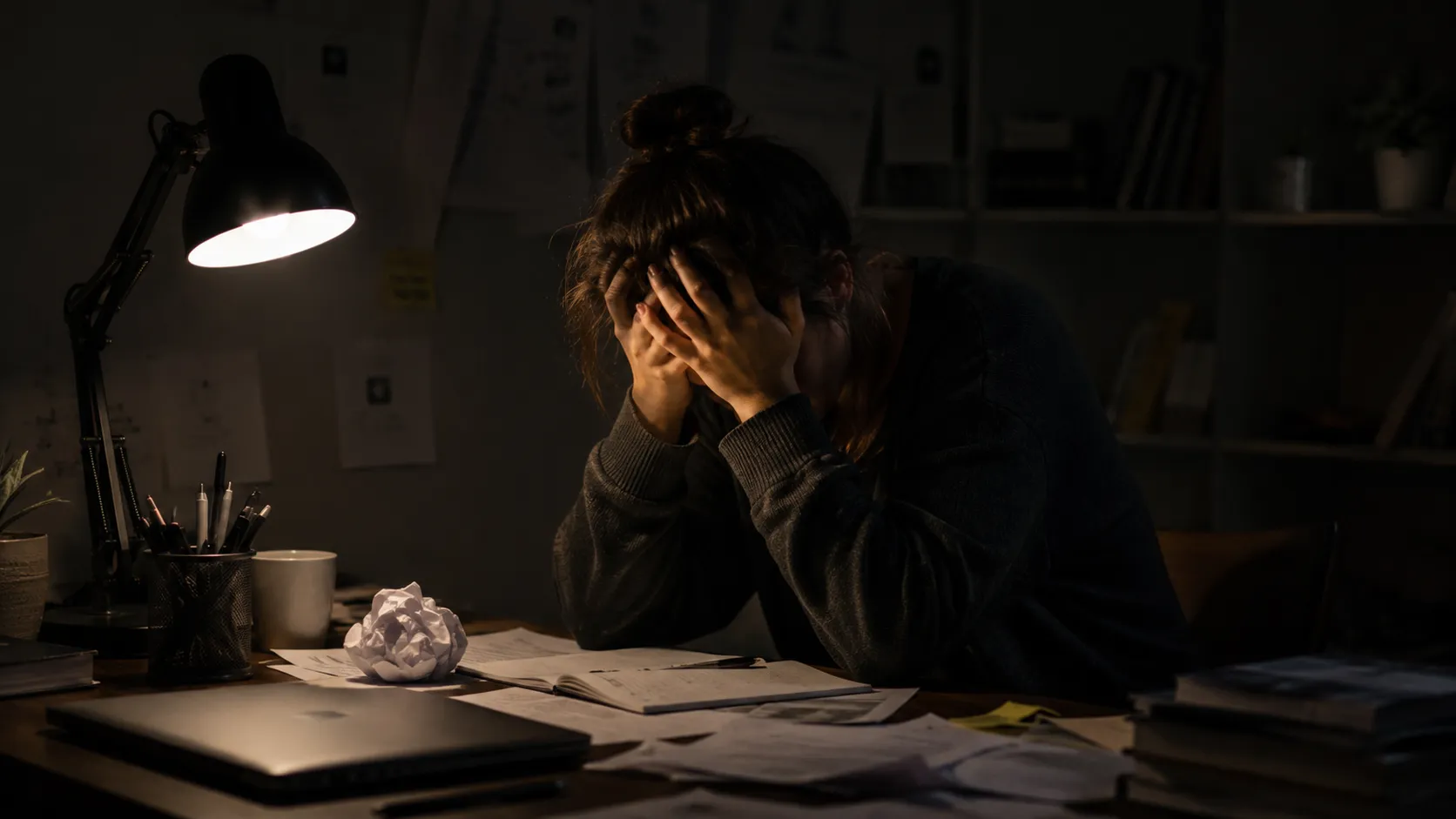 A woman at a desk late at night, head in her hands over crumpled pages and a closed laptop.