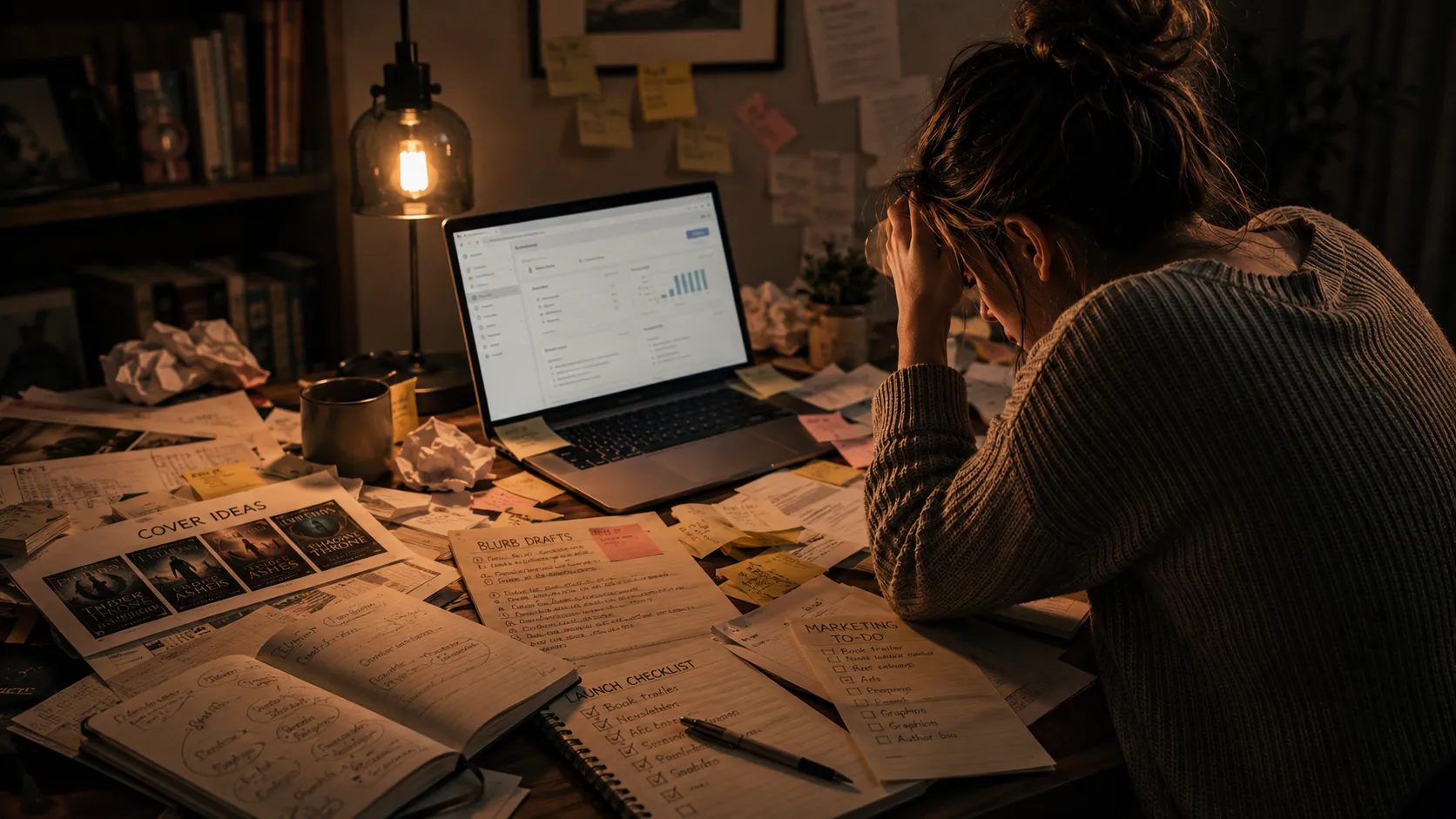 A writer with her head in her hands, desk covered in cover concepts, blurbs, and launch checklists.