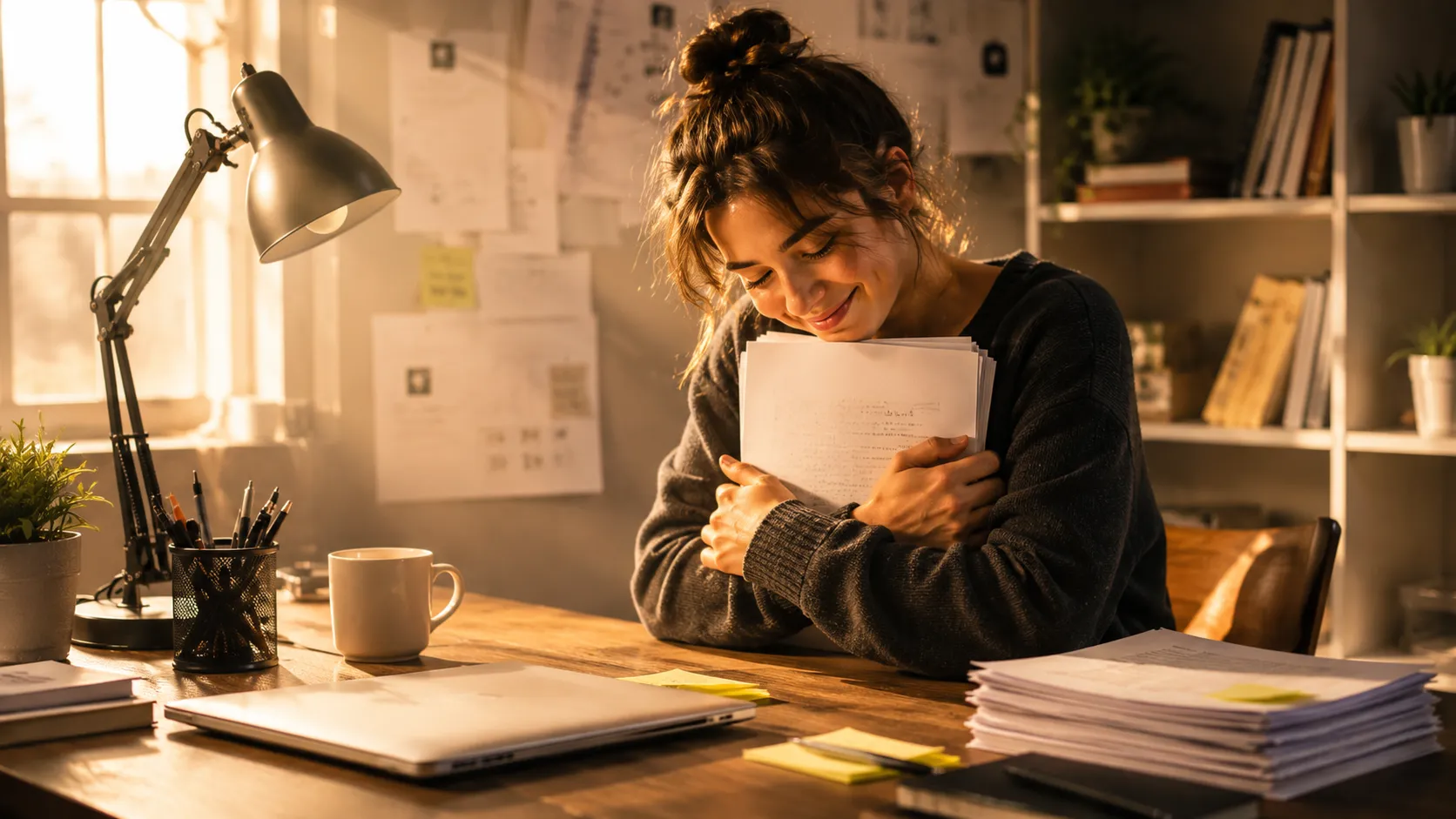 A woman hugging a printed manuscript in morning light, eyes closed, smiling.