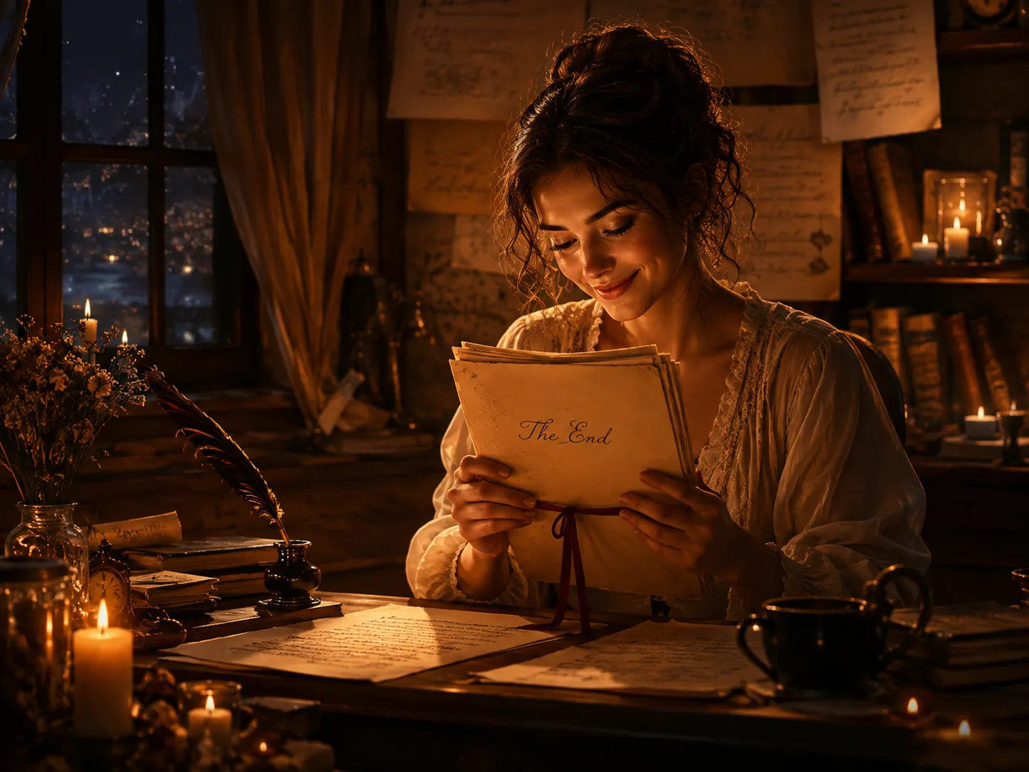 A writer at night holding a finished manuscript - pride and warmth