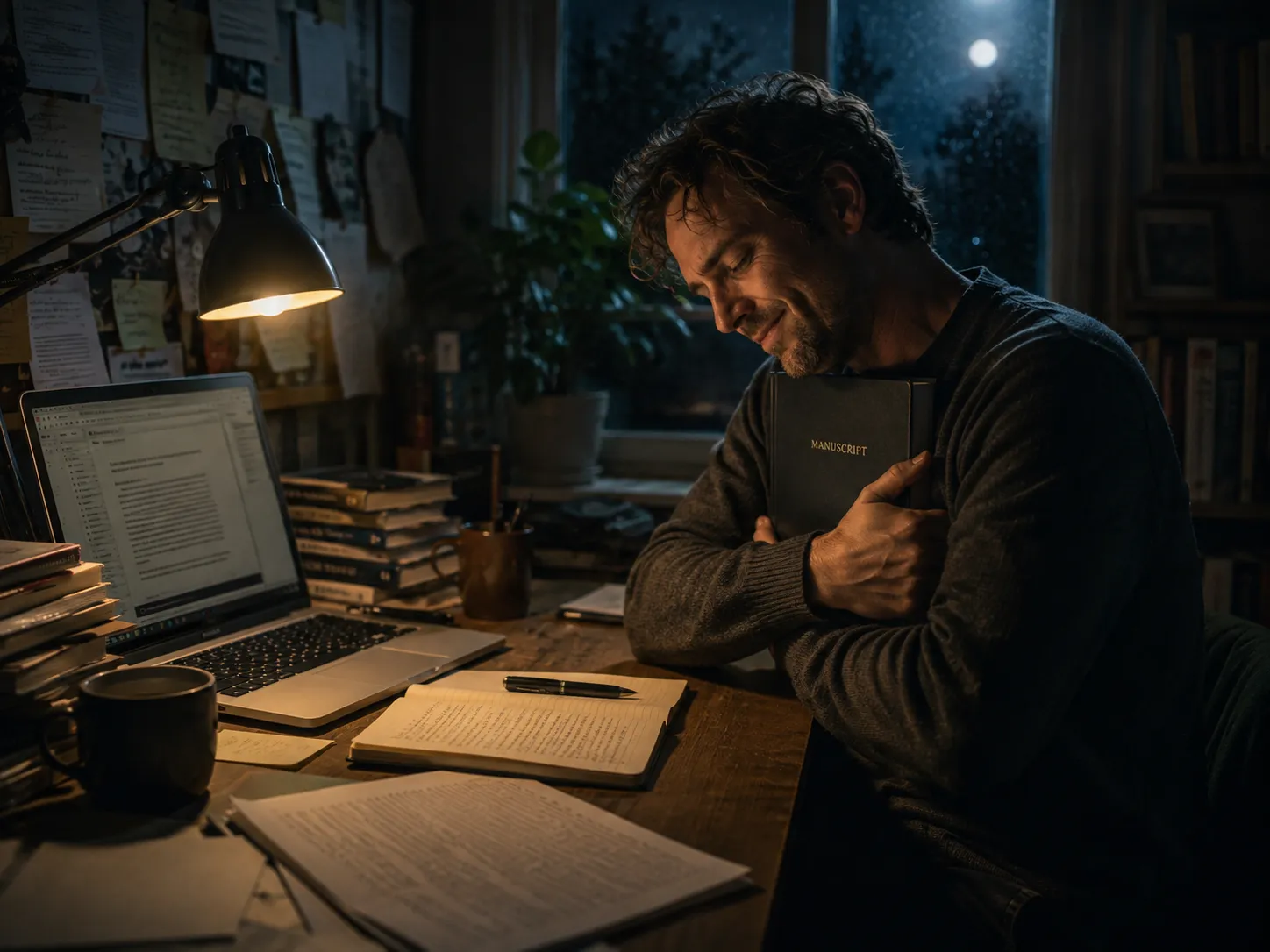 The writer, late, closing a consistent manuscript - relief, pride, the fear of contradiction gone