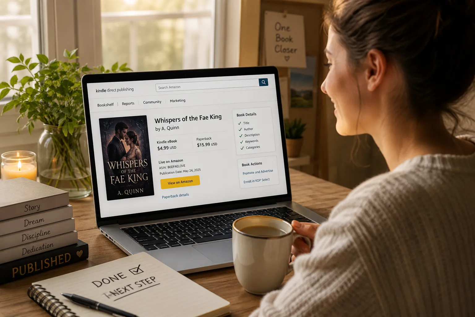 A writer smiling at her laptop, book live on the publishing dashboard in morning light.