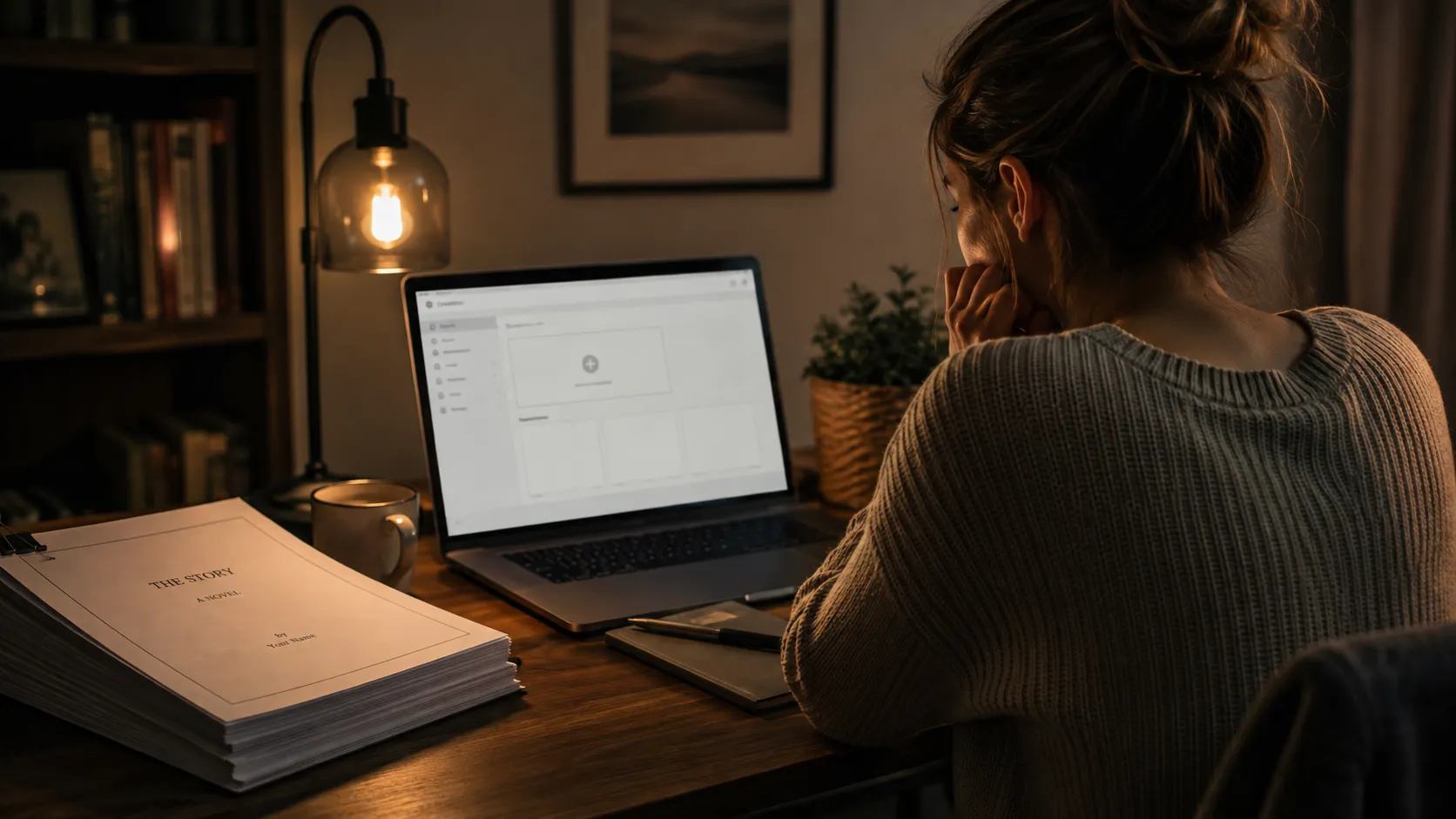 A woman at a night desk, finished manuscript beside her, staring at the publishing screen.