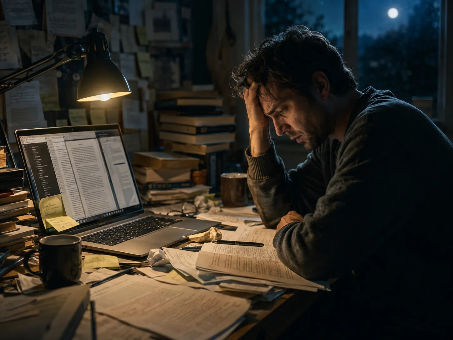 A writer at 2 a.m., drowning in a 60,000-word draft, searching for one fact that no longer matches
