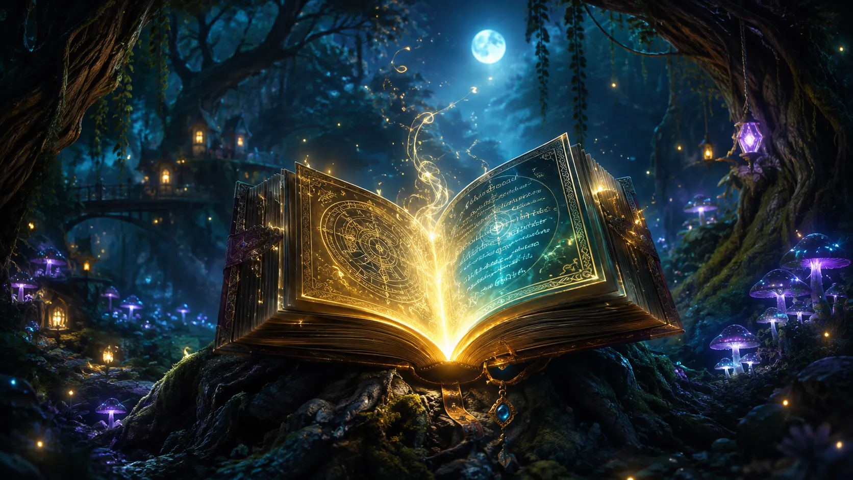 A glowing grimoire opening in a moonlit fae forest