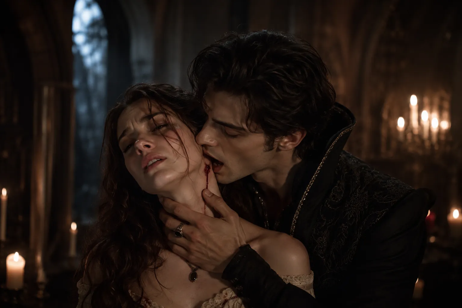 A vampire biting a woman's neck by candlelight - the climax the pages should make a reader feel.