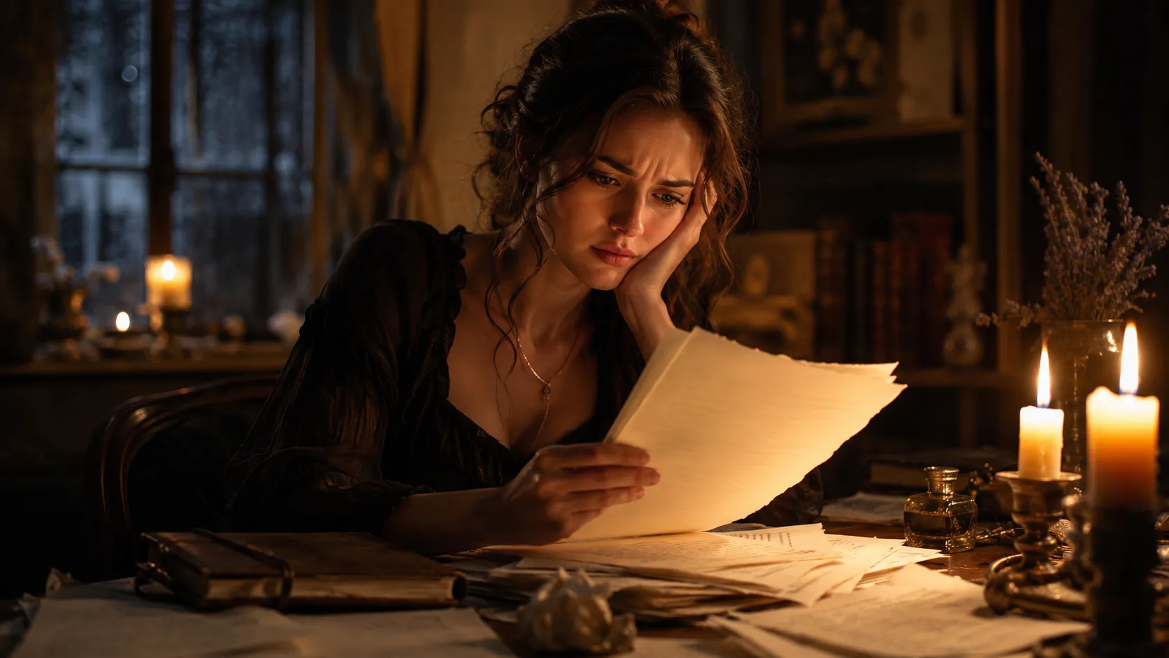 A woman at a candlelit desk, holding her draft, unmoved by the scene on the page.