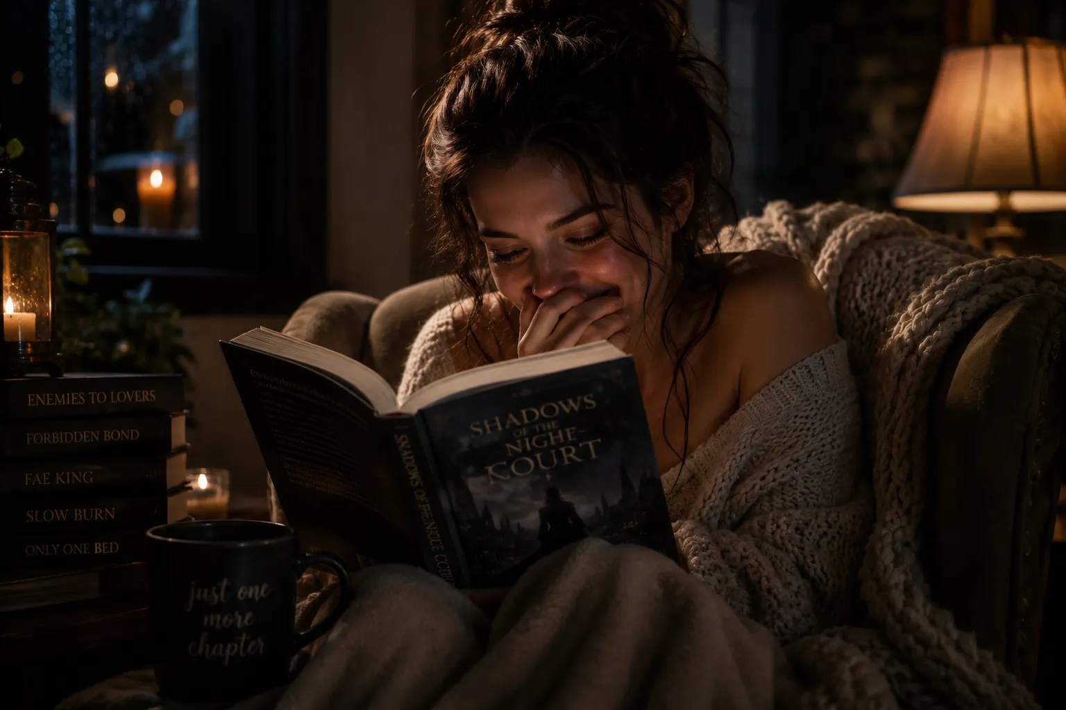A reader wrapped in a blanket, smiling at a vampire romance she cannot put down.