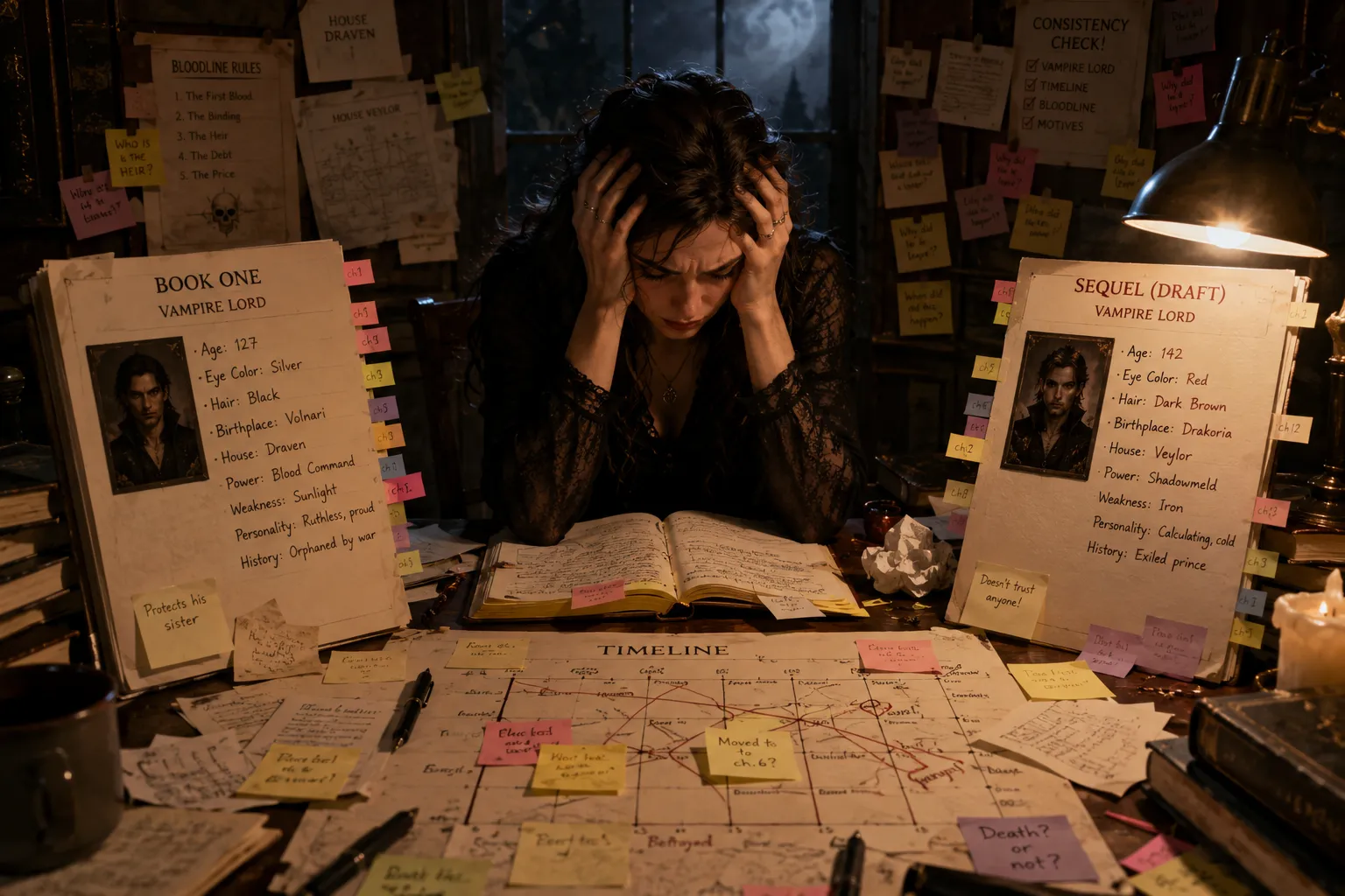 A writer with her head in her hands, desk covered in contradictory Book One and sequel notes, timelines, and bloodline rules.