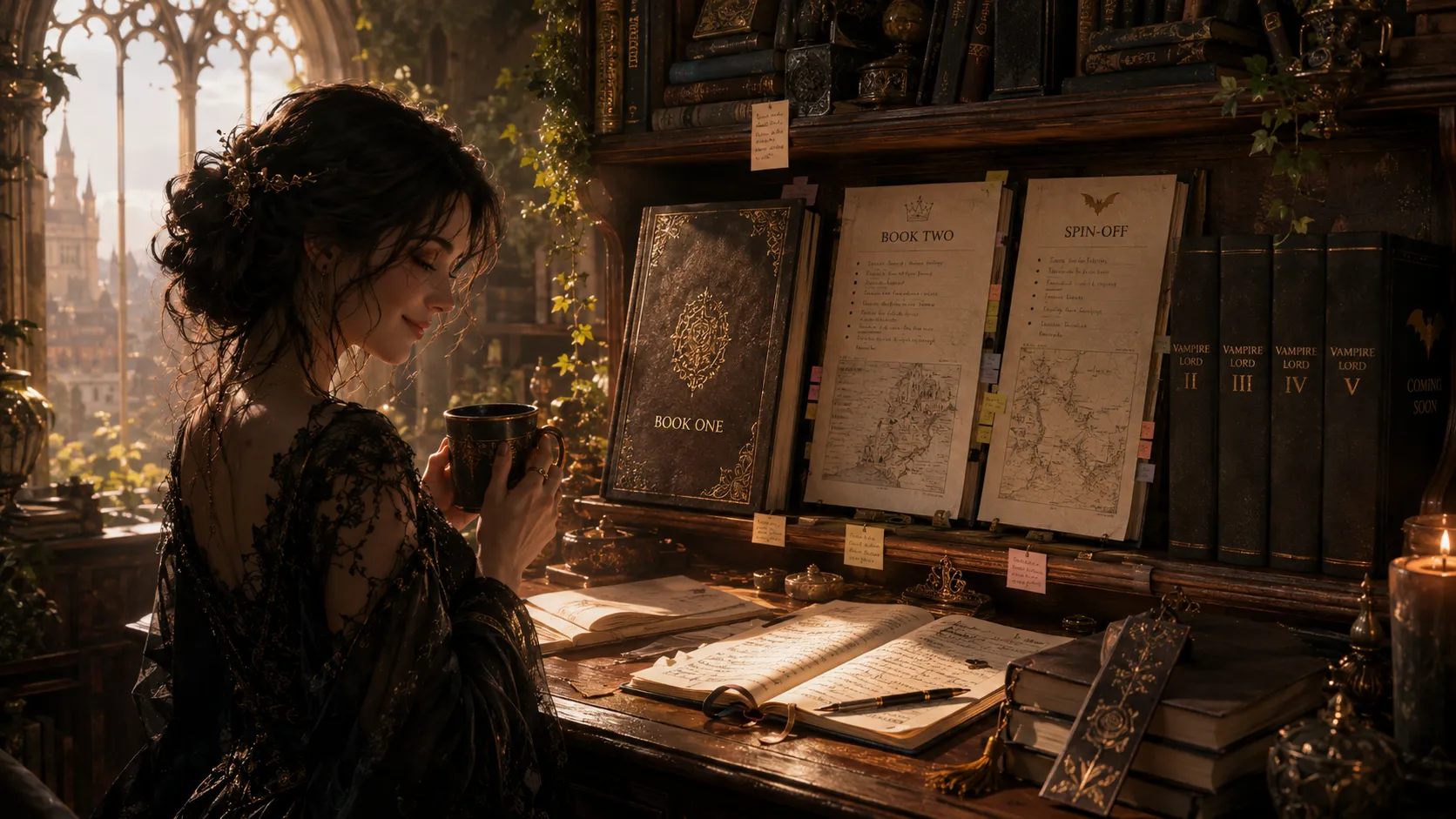 A smiling writer in a sunlit gothic library, Book One beside Book Two and spin-off plans, the rest of the series waiting on the shelf.