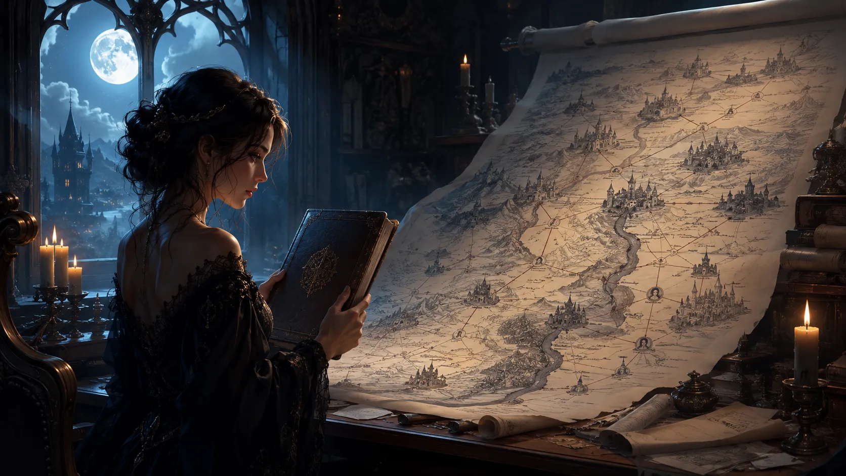 A woman in a gothic study at night, holding a series bible before a map of castles, bloodlines, and connected story nodes.
