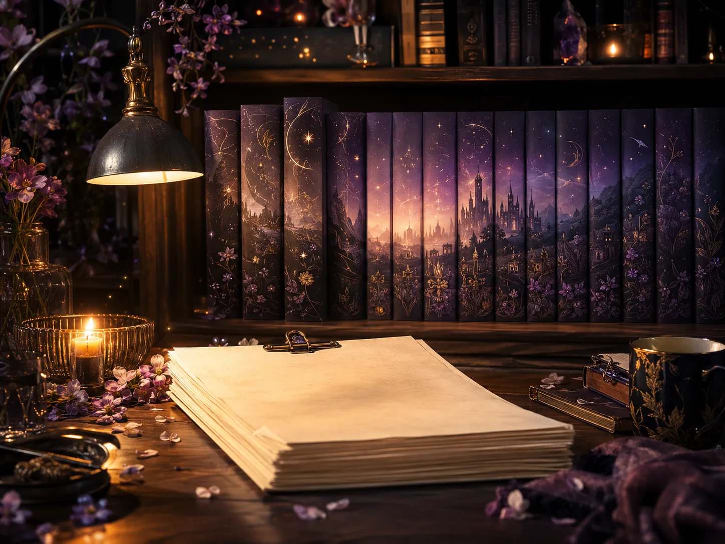 One finished manuscript on the desk. Behind it, a shelf of connected Fae romances that do not exist yet