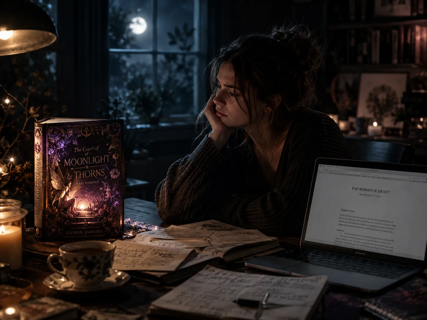 A writer at night, a published fae romance glowing beside a flat draft