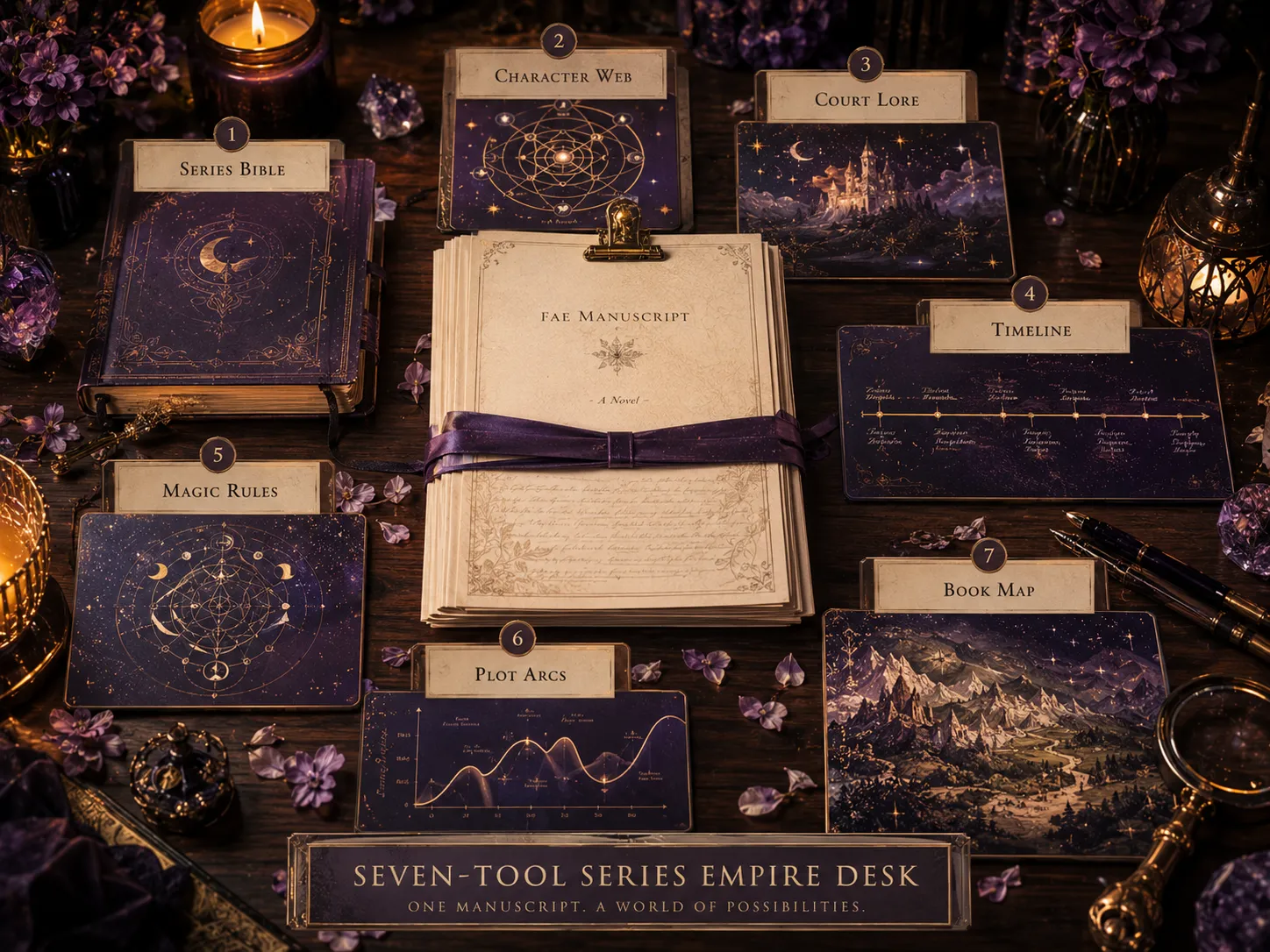 The seven-tool Series Empire desk around one Fae manuscript