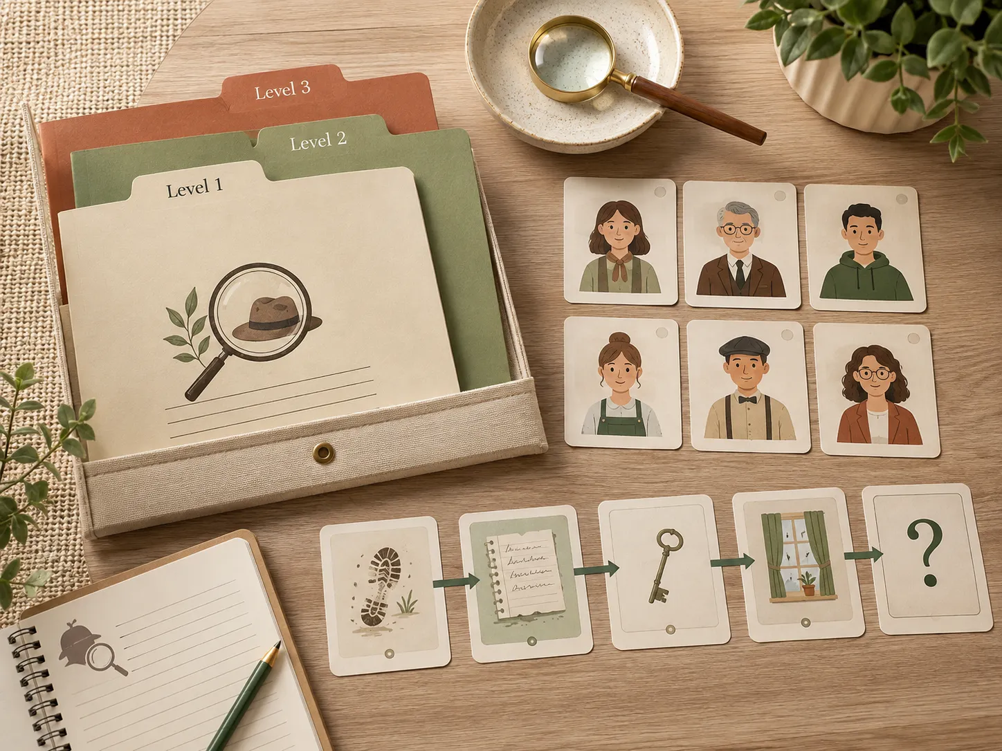 Three difficulty levels, suspect cards, and clue sequencing laid out as a mystery kit