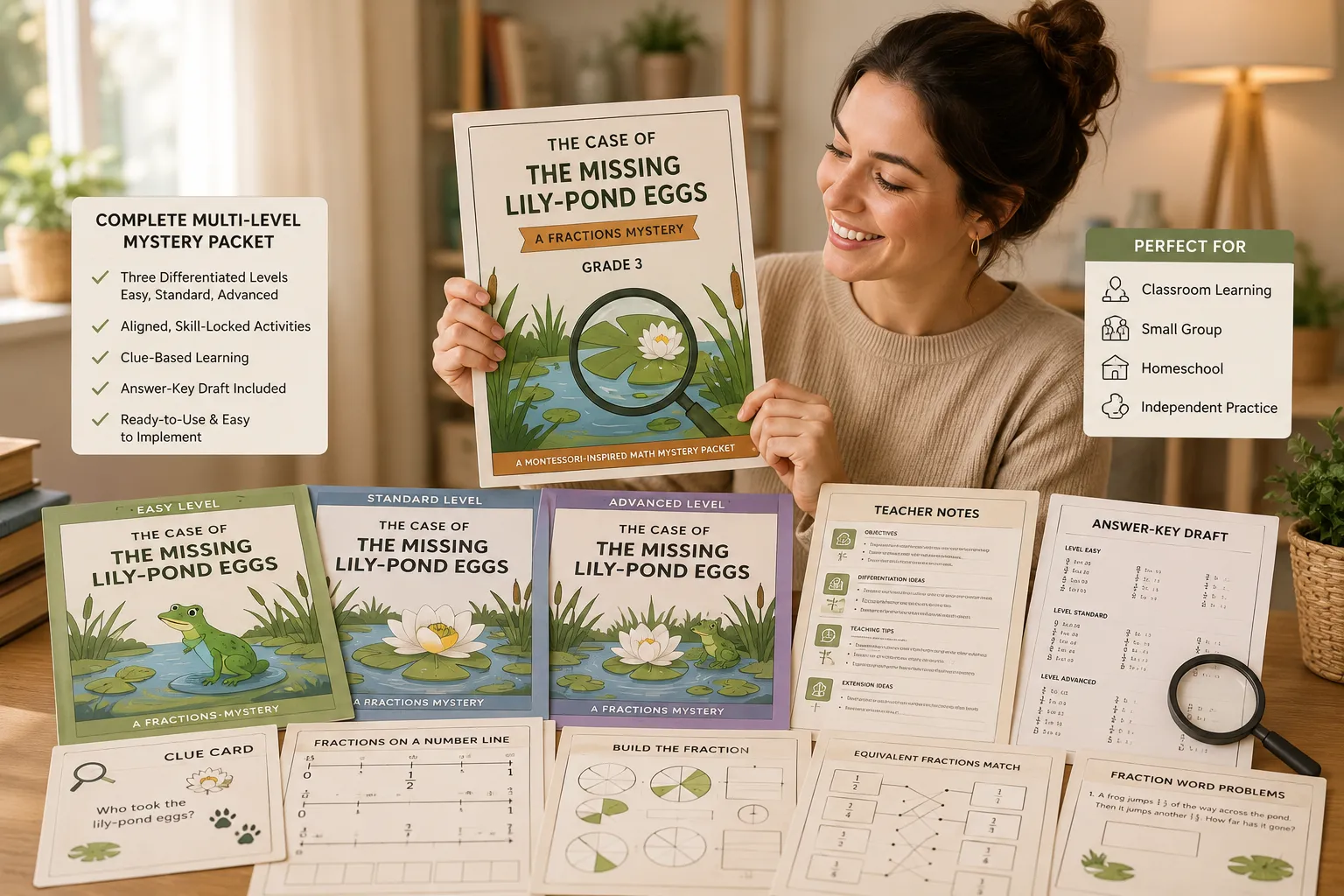 Teacher proudly holding a complete multi-level Montessori-inspired fractions mystery packet