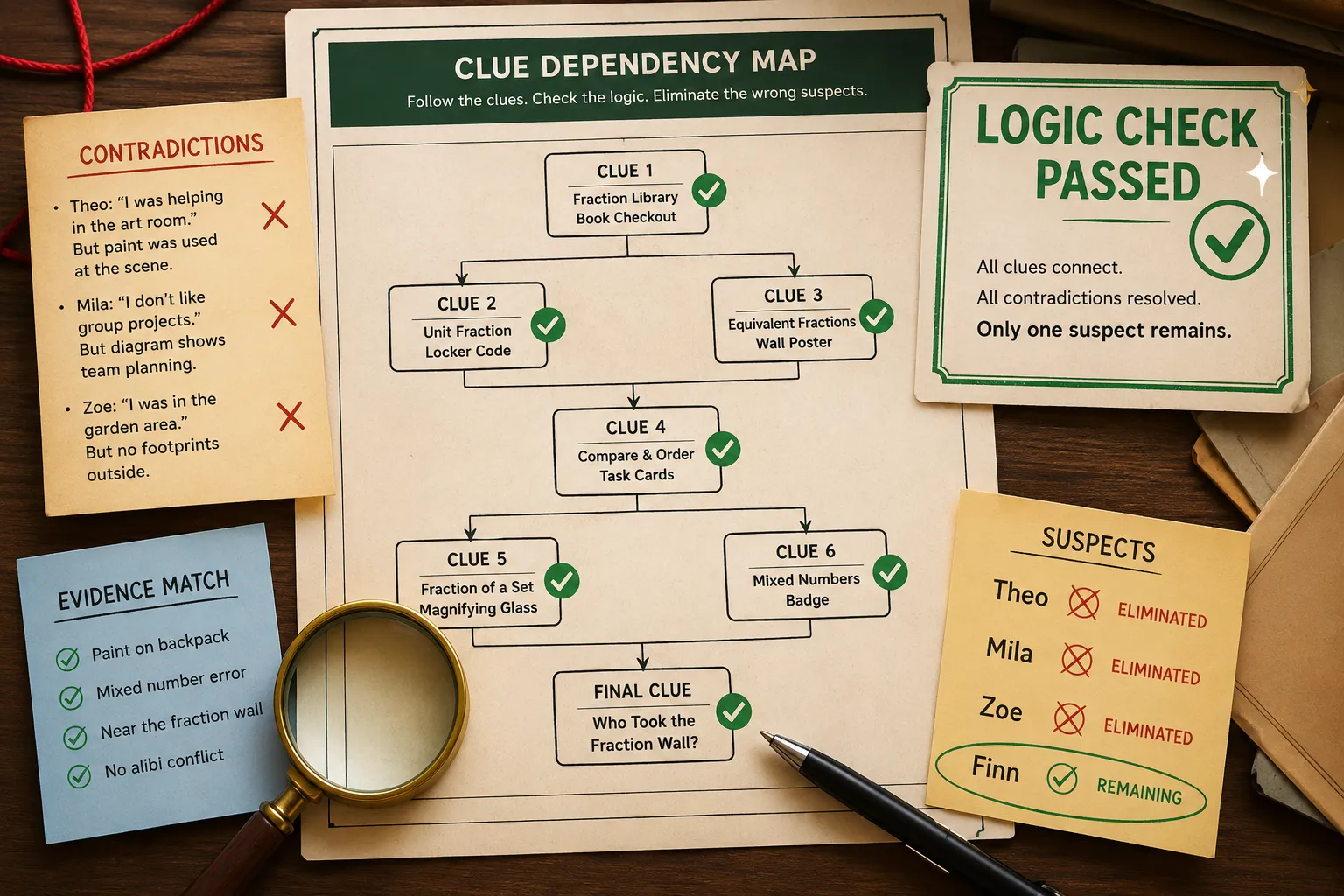 Clue dependency map with contradiction checks and logic check passed for the mystery