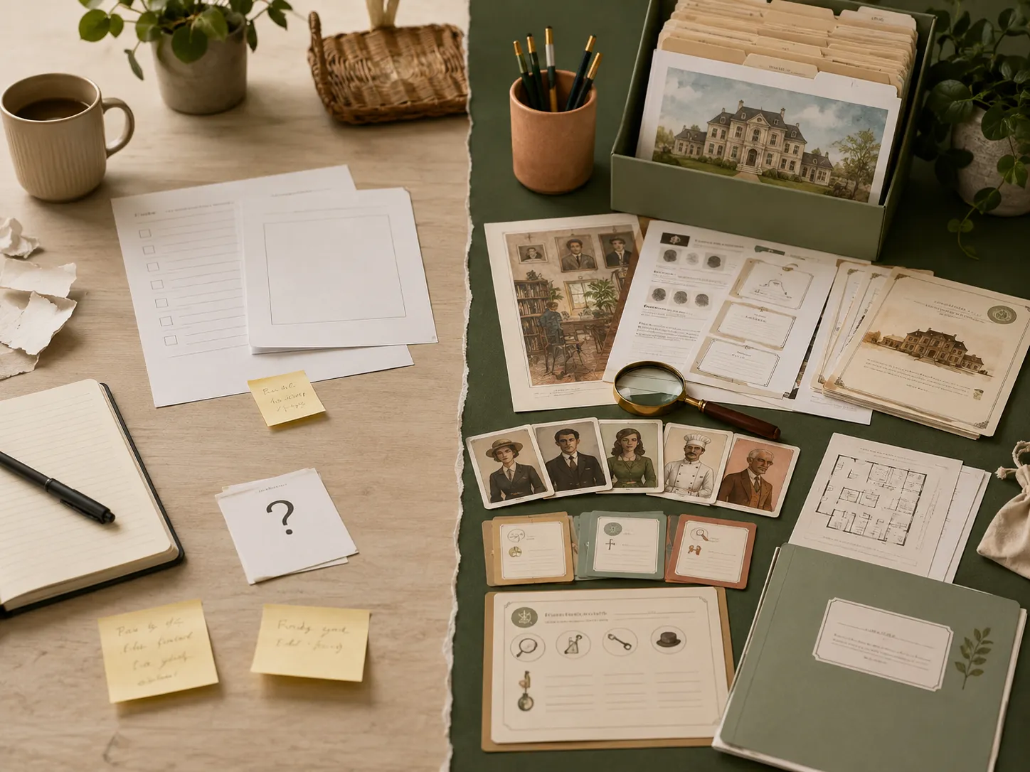 Before and after: basic scattered notes versus a complete professional mystery packet system