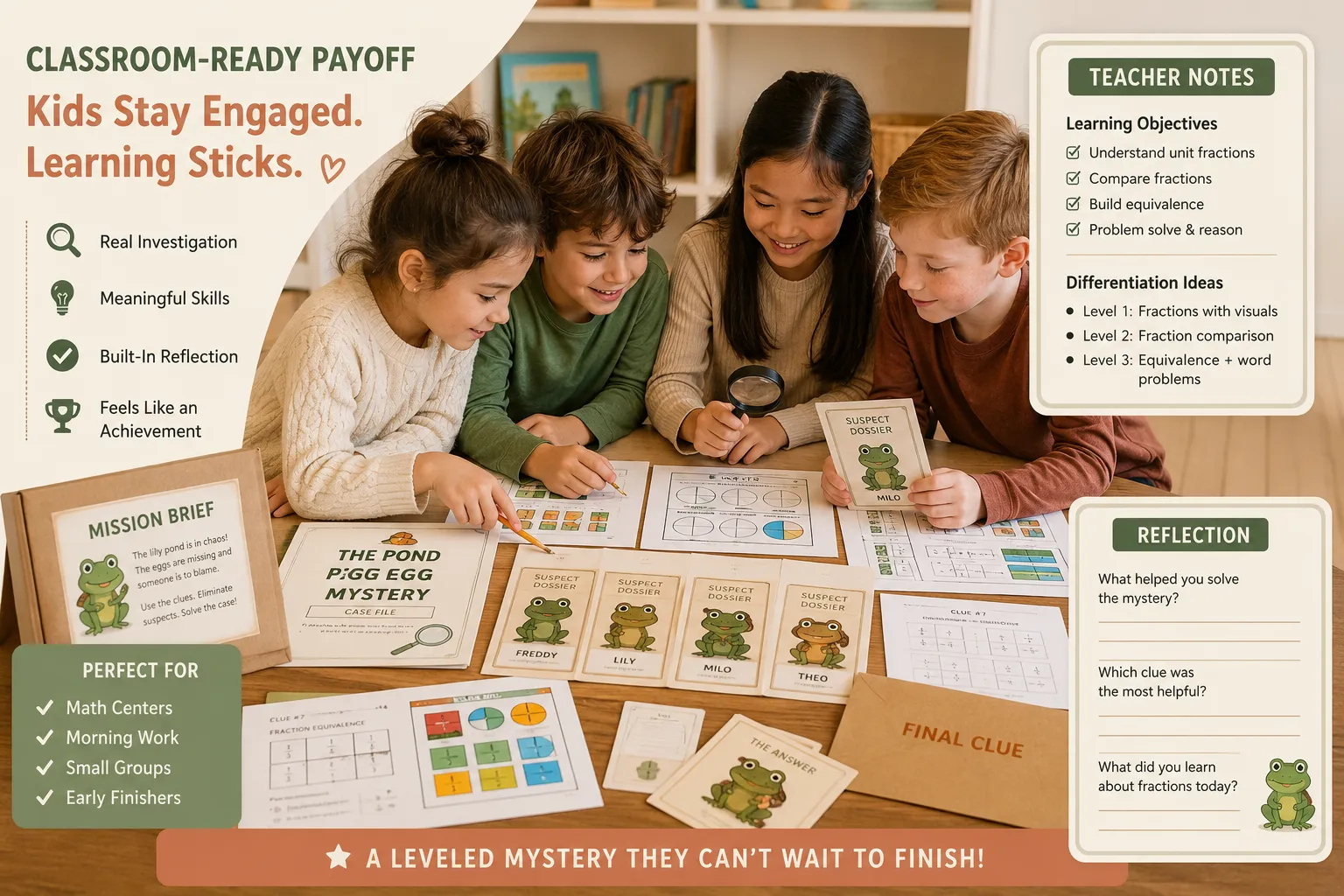 Kids engaged in a classroom-ready leveled mystery with teacher notes and reflection