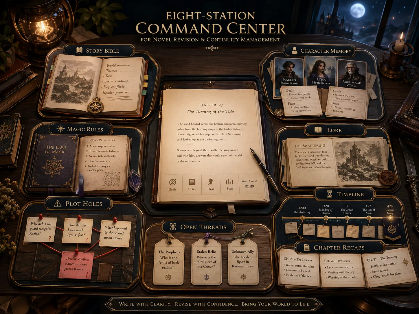The eight-station Command Center: Story Bible, Character Memory, Lore, Timeline, Magic Rules, Plot Holes, Open Threads, Chapter Recaps