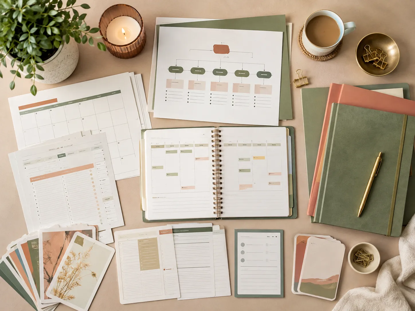 Series Builder toolkit flat-lay: planners, calendars, flowcharts, and catalog organization sheets