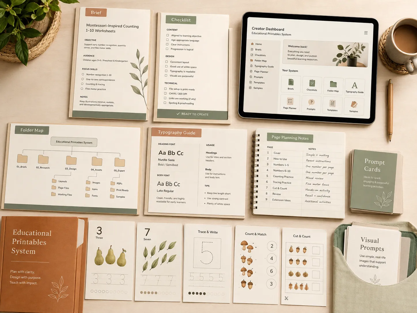 Production system kit: briefs, checklists, folder map, typography guide, and page planner
