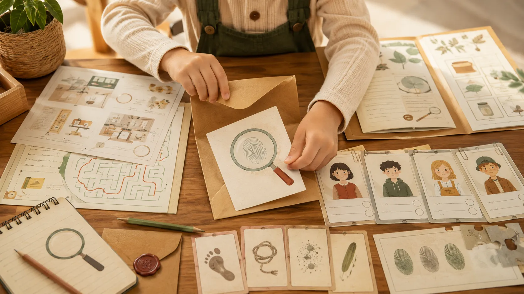 Child opening a mystery clue envelope from a finished detective learning packet