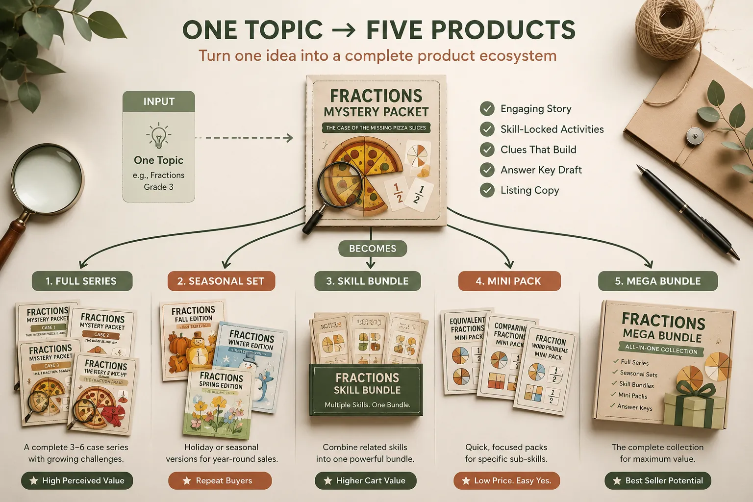One topic to five products: series, seasonal set, skill bundle, mini pack, and mega bundle