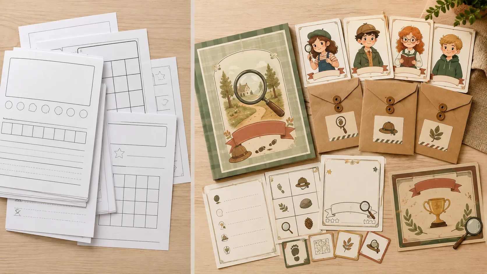 Before and after: plain worksheets versus finished mystery packet printables