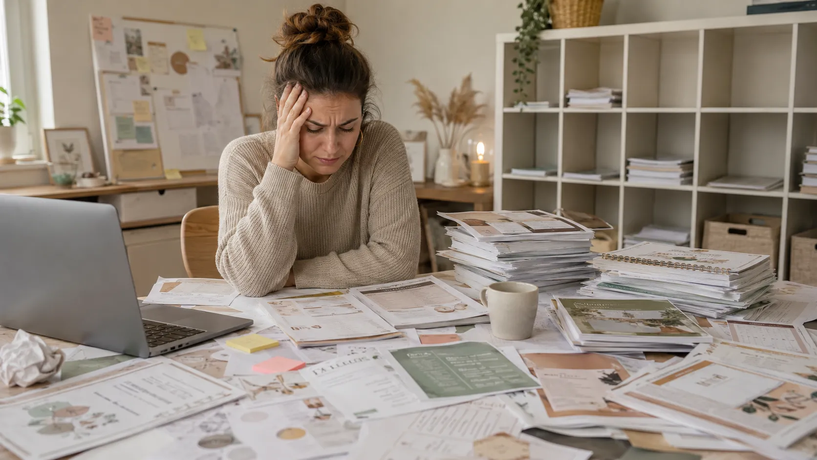 Overwhelmed creator buried under stacks of isolated packets with no series or catalog plan
