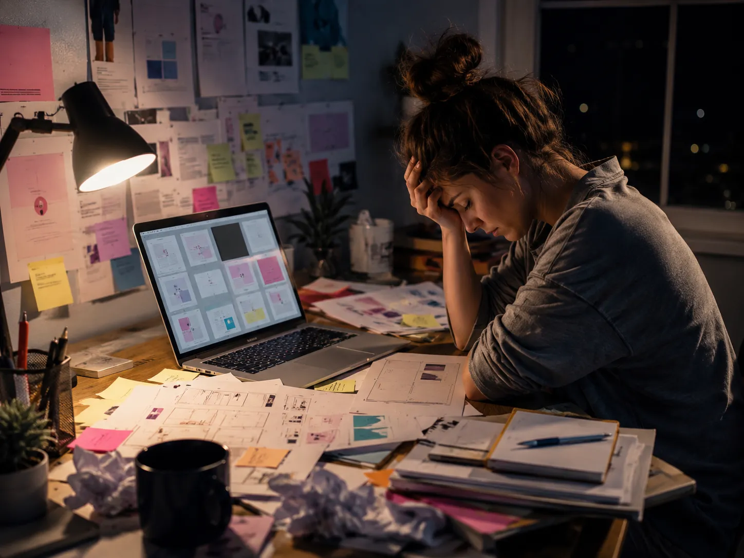 Overwhelmed creator stuck late at night in Canva layout chaos with sticky notes and crumpled drafts