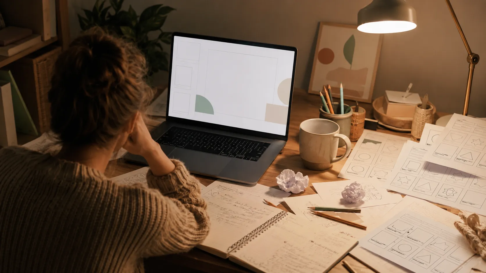 Seller at a cluttered desk late at night - blank page planning frustration