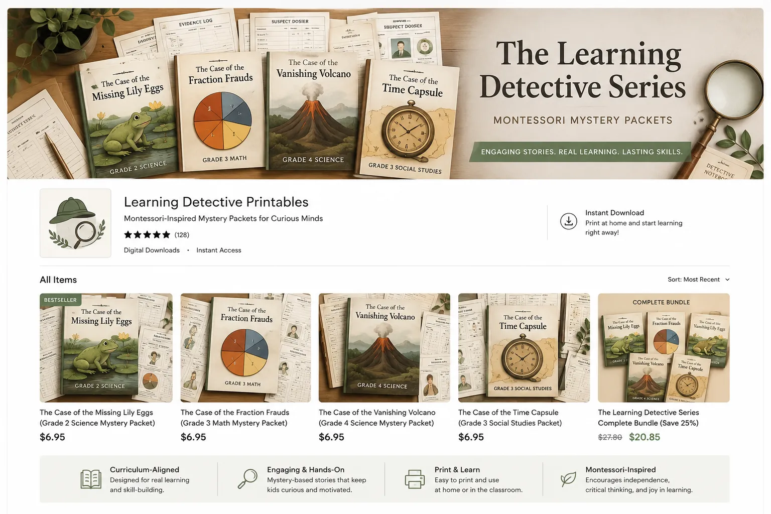The Learning Detective Series shop catalog with themed packets and a complete bundle offer