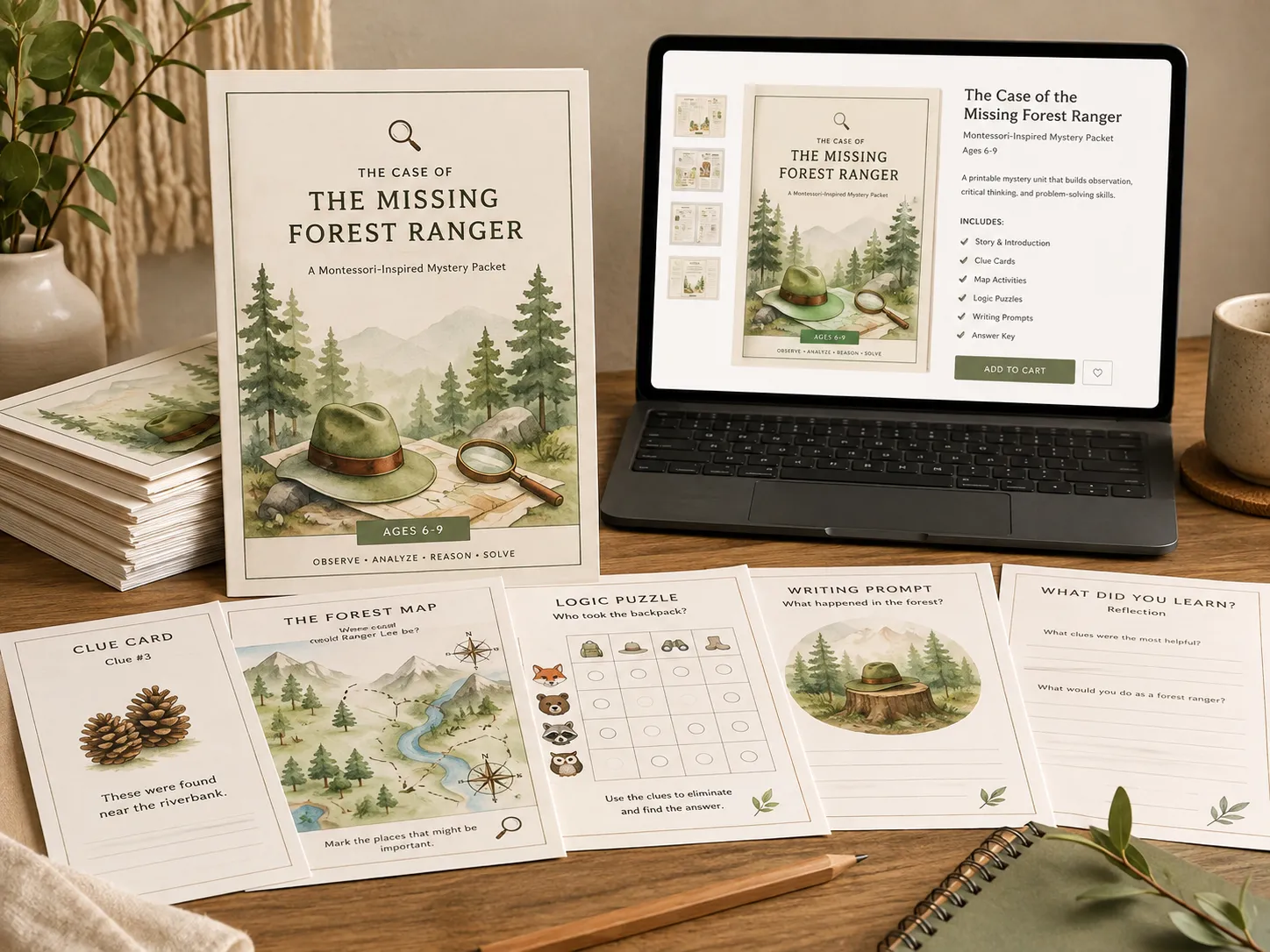 Finished Montessori mystery packet with listing page and print-ready activity sheets