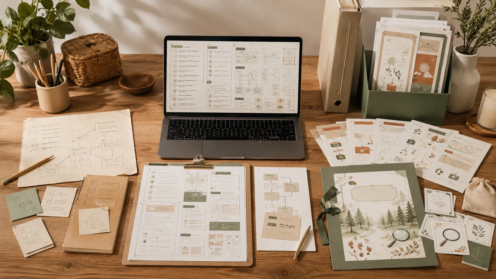 Topic to blueprint to Canva - planning workspace with laptop and mystery packet materials